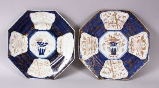 A PAIR OF JAPANESE MEIJI OCTAGONAL BLUE & WHITE OCTAGONAL PLATES, each with a central display of