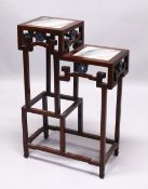 A CHINESE ROSEWOOD TWO TIER STAND, the tops inset with hardstone, the sides inset with cloisonne