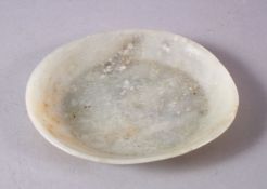 A CHINESE CARVED WHITE JADE BATS PLATE / DISH, the interior with twin bat decoration, the verso with