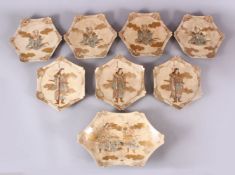 A SET OF EIGHT JAPANESE SATSUMA EARTHENWARE DISHES, 7 smaller plates and one larger dish, each