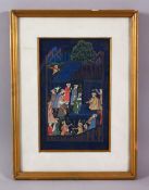 A PERISAN MINIATURE FRAMED PAINTING, depicting many figures in a garden setting, 30.5cm x 23cm (