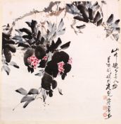 A CHINESE SCROLL PAINTING OF A DISPLAY OF FLORA, the painting on paper depicting a colourful spray