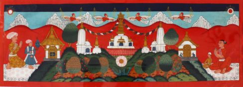 AN INDIAN SIKH SCHOOL MINIATURE PAINTING, depicting figures knelt before a temple, mounted overall