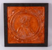A FINE QUALITY ITALIAN TURKISH OTTOMAN EMPIRE TERRACOTTA PANEL OF SULEYMAN, the figure carved in