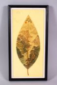 A CHINESE PAINTED & FRAMED BANYAN LEAF, the leaf painted with scenes of a mountainous landscape, the