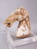 AN EARLY CHINESE HAN DYNASTY POTTERY HORSE HEAD BUST, the figure in two sections, with poly chrome
