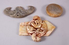 THREE CHINESE CARVED SOAPSTONE / JADE PENDANTS, 10.5CM, 9CM & 5.5CM