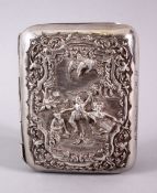 A 19TH CENTURY BURMESE SILVER CIGARETTE BOX, with moulded relief depicting figures and birds in