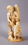 A GOOD QUALITY JAPANESE MEIJI PERIOD CARVED IVORY OKIMONO OF A FISHERMAN AND SON, signed to base,
