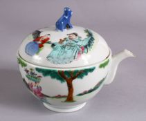 A CHINESE FAMILLE ROSE PORCELAIN TEAPOT AND COVER, the body decorated with scenes of figures in
