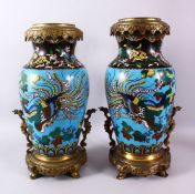 A LARGE PAIR OF 19TH CENTURY JAPANESE CLOISONNE & ORMOLU MOUNTED VASES, the body of the blue