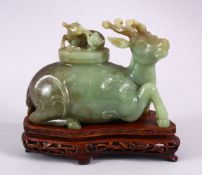 A CHINESE CARVED JADE DEER CENSER & COVER, The deer in a recumbent position, with carved floral