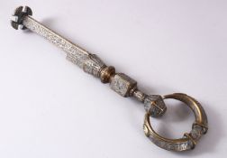 A FINE ISLAMIC MAMLUK OR OTTOMAN STYLE INLAID SILVER KAB'A KEY, the large heavy key inlaid with