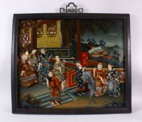 A GOOD CHINESE GLASS PAINTED PICTURE, with many figure in an interior, 50cm x 60cm.