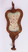 A CHINESE LATE QING DYNASTY CARVED WOOD FAN / RUYI SHAPED PANEL & EMBROIDERED SILK - the shaped