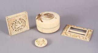 A MIXED LOT OF CHINESE / JAPANESE CARVED IVORY ITEMS, comprising a Japanese meiji cylindrical lidded