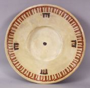 A LARGE NISHABOUR POTTERY PLATE, with motif banded decoration, ( fragile ), 34cm.