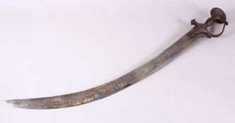 A 18TH CENTURY INDIAN TULWAR SWORD, with silver inlaid steel hilt, 84cm long.