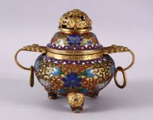A CHINESE CLOISONNE TRIPLE FOOT CENSER & COVER, with raised enamel decoration of lotus, triple