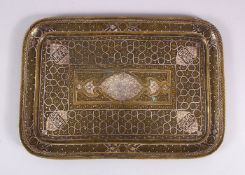 A FINE 19TH CENTURY MAMLUK REVIVAL SILVER INLAID DAMASCUS TRAY, inlaid with silver bands of