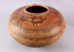 A LARGE 2ND CENTURY TERRACOTTA POT, with shoulder decoration of oxen or like beast, approx 40cm