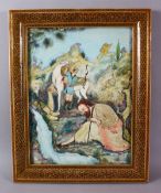 AN EASTERN PAINTING ON BOARD OF FIGURES, CAMELS & HORSES, framed in a 20th century micro mosaic &