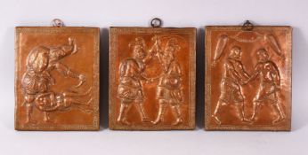 THREE 19TH CENTURY PERSIAN QAJAR EMBOSSED COPPER PANELS mounted on wood, each depicting fighting