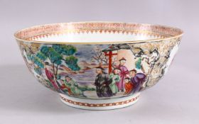 AN 18TH CENTURY CHINESE EXPORT FAMILLE ROSE PORCELAIN BOWL, decorated with panels of figures in