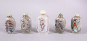 A MIXED LOT OF 5 CHINESE REVERSE PAINTED SNUFF BOTTLES, each with decoration of figures mostly in