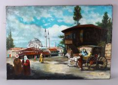 A LARGE OIL ON CANVAS PAINTING OF AN INSTANBUL MOSQUE, 100cm x 70cm