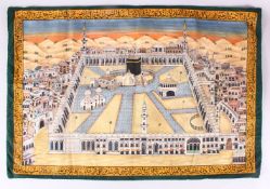 A LARGE 19TH CENTURY PAINTING OF MECCA, the painted scenes depicting mecca with bands of