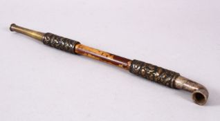 A 19TH/20TH CENTURY JAPANESE TOBACCO PIPE, cast with zodic animals, 20cm long.