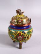 A CHINESE YELLOW GROUND CLOISONNE TRIPOD KORO, with a yellow ground and lotus decoration, with a
