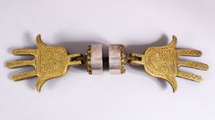 A JEWISH JUDAICA BRONZE HAND FORMED DOOR KNOCKER, with white metal mounts, each half approx 15.5cm