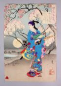 A JAPANESE MEIJI PERIOD WOODBLOCK PRINT BY YOSHITOSHI TSUKIOKA, a poem by mizuki tatsunosuke, one
