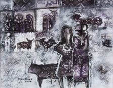 A SYRIAN CONTEMPORARY PAINTING - BY ISRAM ABOUD 2002 - depicting figures and animals in town