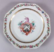 AN 18TH CENTURY QIANLONG CHINESE AMILLE ROSE ARMORIAL PORCELAIN PLATE, decorated central with a
