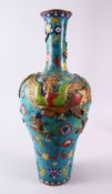 A LARGE & HEAVY CHINESE CLOISONNE PHOENIX VASE, the body with a blue ground decorated with two