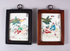 A PAIR OF CHINESE REPUBLIC FAMILLE ROSE PORCELAIN EROTIC PANELS, each with a saucy scene and