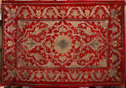 A GOOD 19TH CENTURY ISLAMIC SILK & METAL THREAD EMBROIDERED WALL HANGING, decorated with birds and