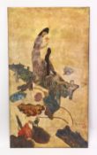 A SUPERB VIETNAMESE PAINTING OF FEMALES ON A JETTY AMONGST LILLIES, signed 'NG VAN MINH' wood and
