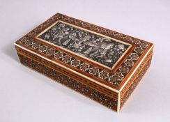 A PERSIAN WHITE METAL & INLAID MICRO MOSAIC LIDDED BOX, the top inset with a white metal panel