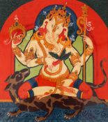 AN INDIAN SIH SCHOOL MINIATURE PAINTING OF GANESH, depicting ganesh with a beast, mounted, overall
