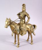 A GOOD CHINESE GILT BRONZE FIGURE OF A WARRIOR ON A HORSE, 25cm high.