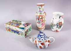 A CANTON RECTANGULAR BOX AND COVER, 18cm, and a similar vase, 20cm, a vase and a teapot (4)