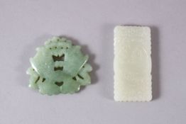 TWO CHINESE CARVED JADE TWIN FISH & IMMORTAL PENDANTS, one carved in the form of twin fish, 5cm,