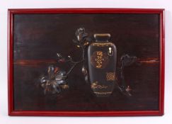 A FINE JAPANESE MEIJI PERIOD CARVED AND LACQUER WOOD PANEL, the panel depicting a carved wooden
