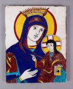 A 19TH CENTURY TURKISH ARMEINIAN RELIGIOUS TILE SECTION, depicting a religious figure, 25cm x 20cm