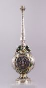 A FINE 17TH / 18TH CENTURY INDIAN LUKNOW ENAMEL & SILVER ROSE WATER SPRINKLER, with carved and