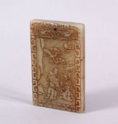 A CHINESE CARVED JADE IMMORTAL PENDANT, one side depicting three immortals in a landscape amongst